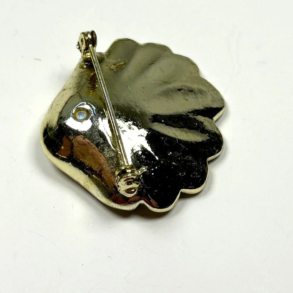 Seashell Brooch Rhinestone Gold Tone‎ Faux Pearl Vintage Mid Century